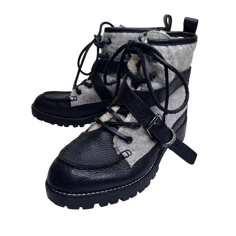 Tory Burch Leather Shearling Fur Combat Boots 8 Buckle Lace Up Winter Moto